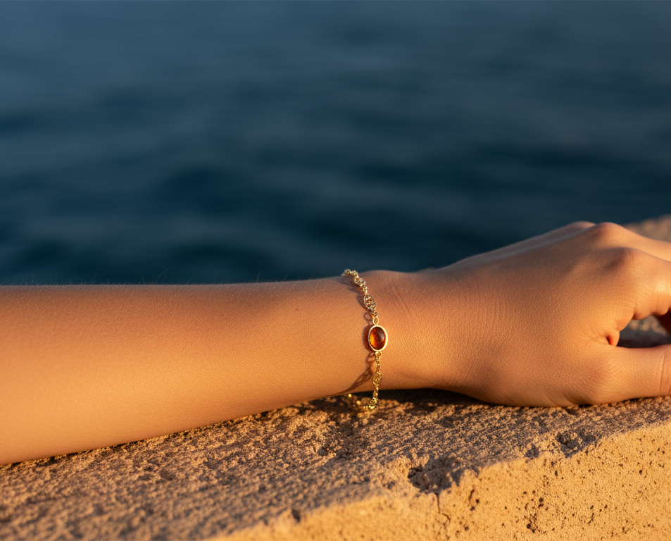 Wrist with gold bracelet and gemstone